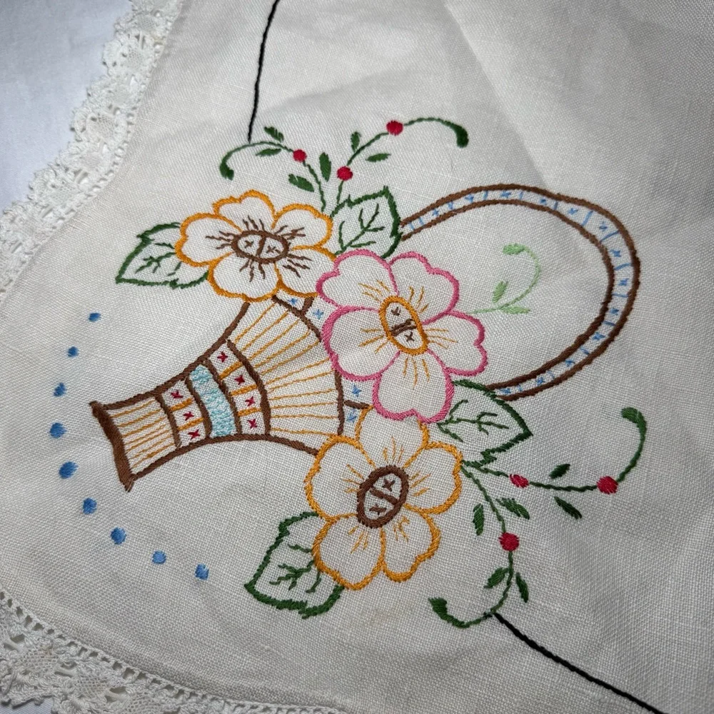 Vintage Linen Cross Stitch Oval Table Floral Basket 28”x21.5” Basket Of Flowers